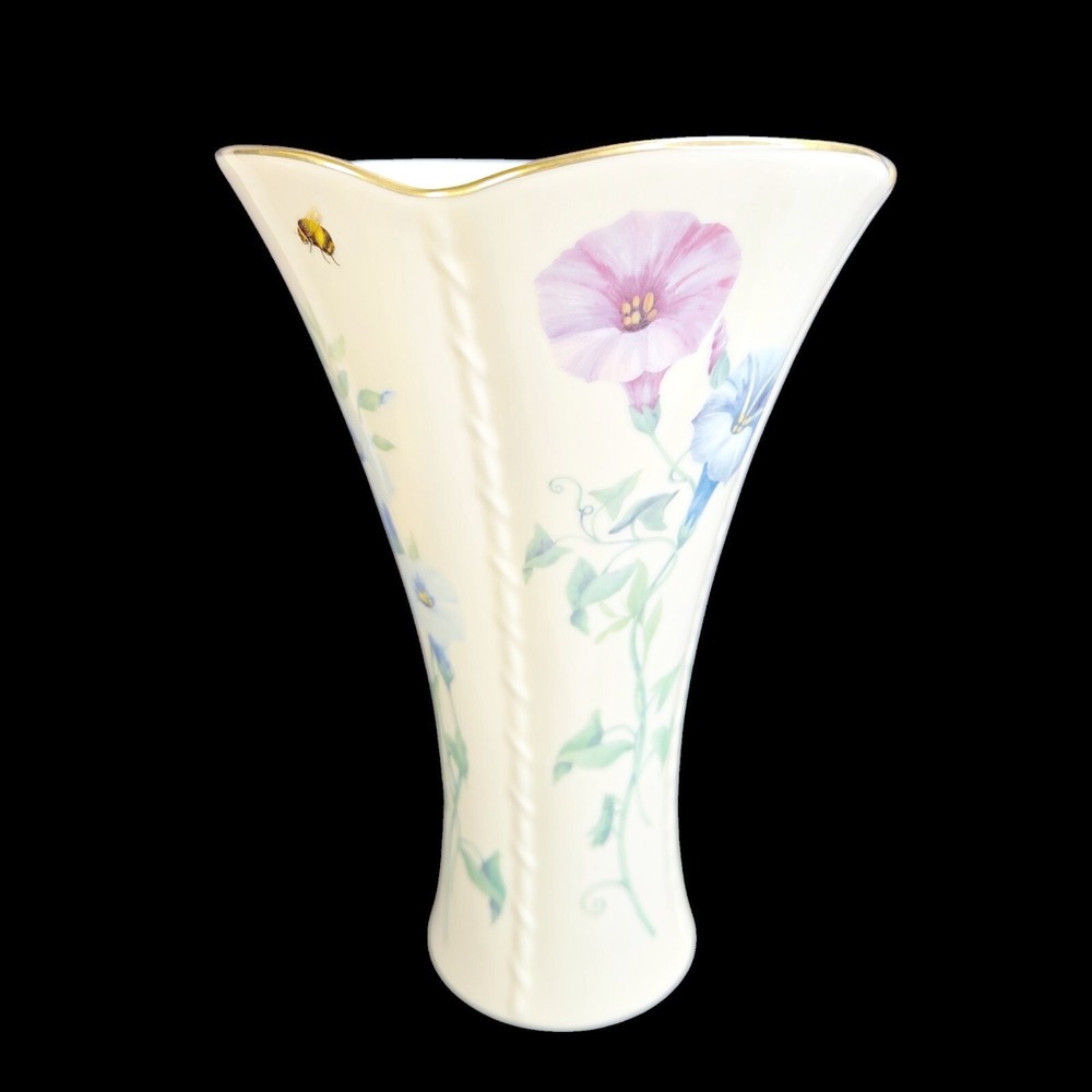 Lenox Morningside Cottage Vase Morning Glory Flowers Bees Ladybugs Gold Trim